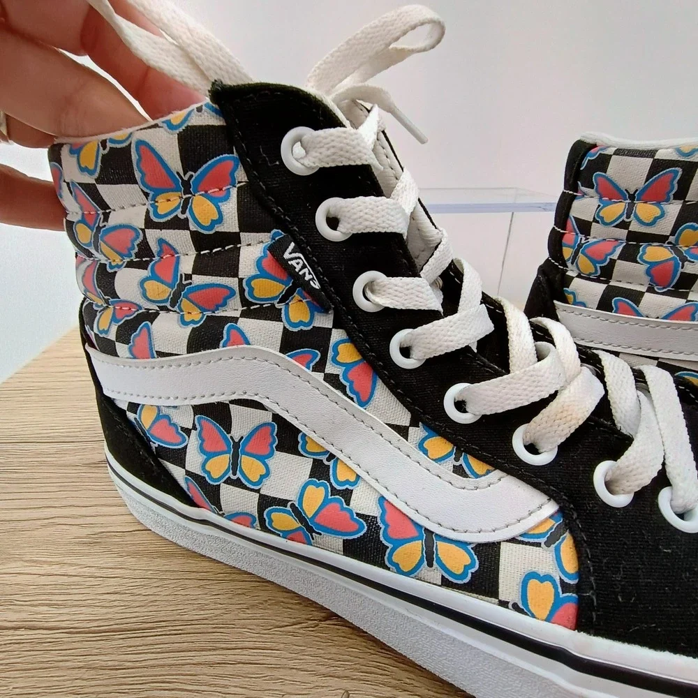 Vans Sk8-Hi Butterfly Checkerboard High Top Sneakers Women's 8.5 Canvas Shoes
